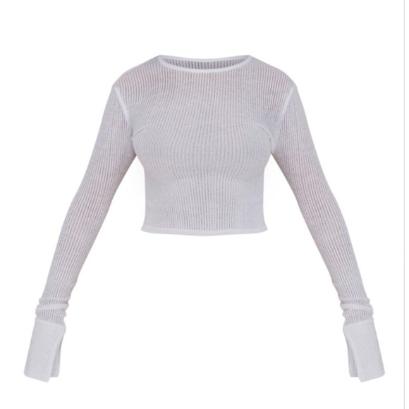 Prettylittlething White Sheer Soft Rib Longline Flared Sleeve Top Size 4 NWT - Picture 5 of 5